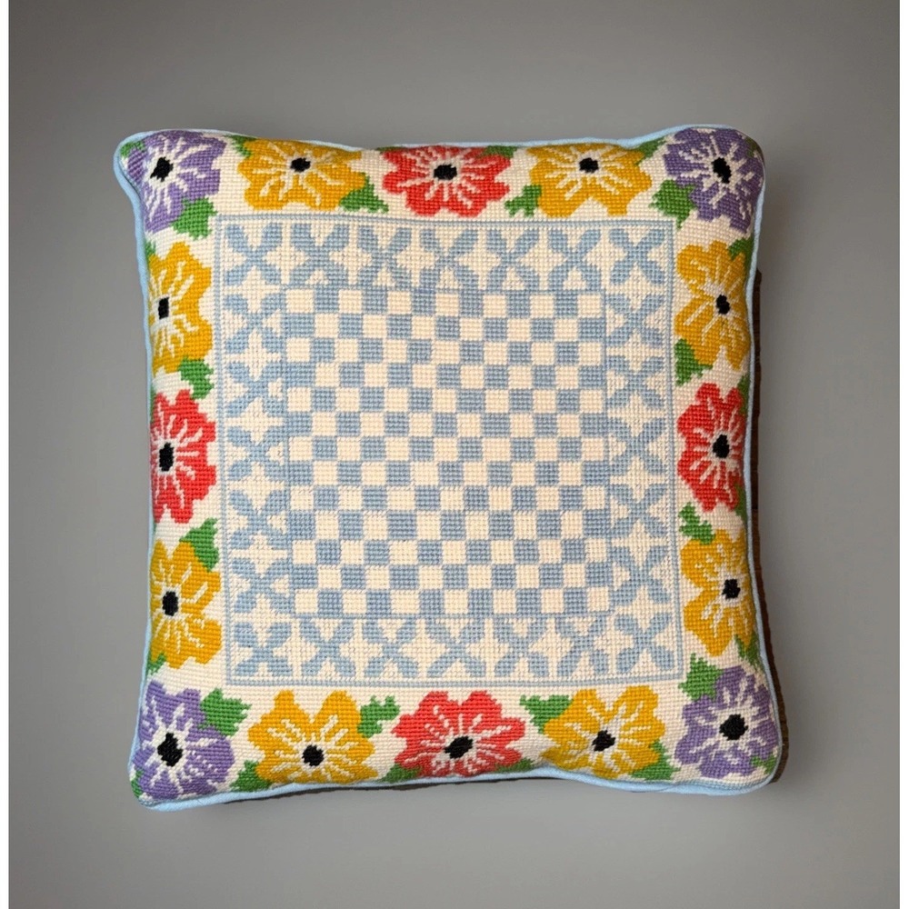 Vtg Handmade Needlepoint Floral Light Blue Checkered Squares Throw Pillow